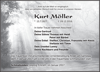 Traueranzeige von Kurt Möller von Südthüringer Presse