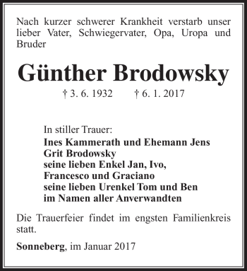 Traueranzeige von Günther Brodowsky von Südthüringer Presse
