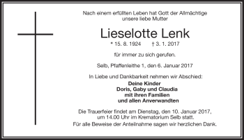 Traueranzeige von Lieselotte Lenk von Frankenpost
