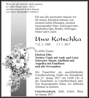 Traueranzeige von Uwe Kotschka von Südthüringer Presse
