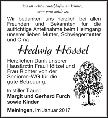 Traueranzeige von Hedwig Hössel von Südthüringer Presse