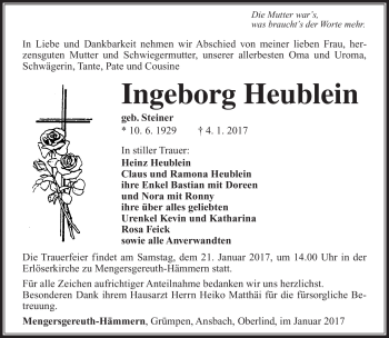 Traueranzeige von Ingeborg Heublein von Südthüringer Presse