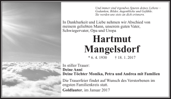 Traueranzeige von Hartmut Mangelsdorf von Südthüringer Presse