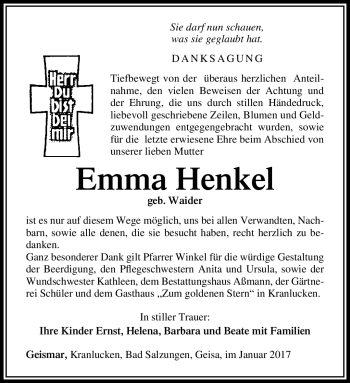 Traueranzeige von Emma Henkel von Südthüringer Presse