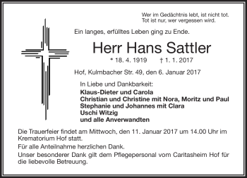 Traueranzeige von Hans Sattler von Frankenpost