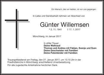 Traueranzeige von Günter Willemsen von Frankenpost