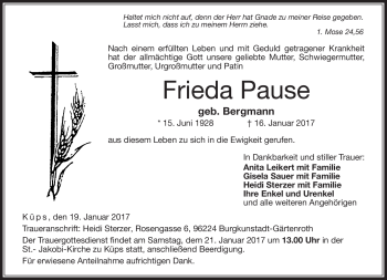 Traueranzeige von Frieda Pause von Neue Presse Coburg