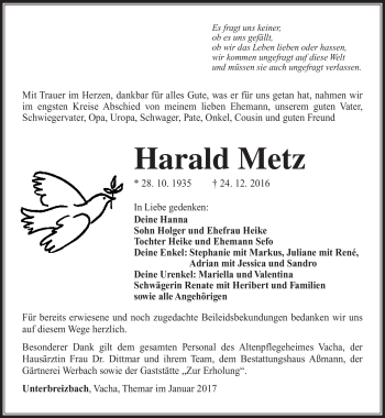 Traueranzeige von Harald Metz von Südthüringer Presse