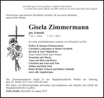 Traueranzeige von Gisela Zimmermann von Südthüringer Presse