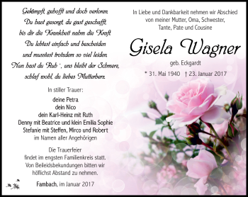 Traueranzeige von Gisela Wagner von Südthüringer Presse