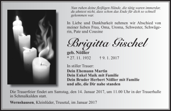 Traueranzeige von Brigitta Gischel von Südthüringer Presse