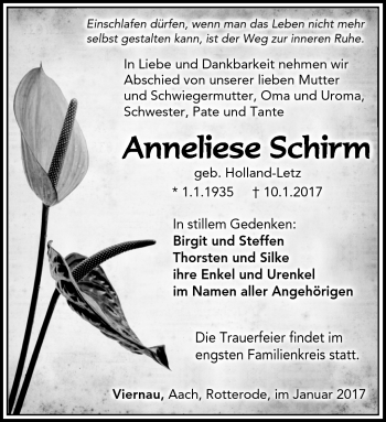 Traueranzeige von Anneliese Schirm von Südthüringer Presse