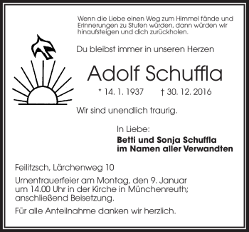 Traueranzeige von Adolf Schuffla von Frankenpost