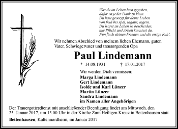 Traueranzeige von Paul Lindemann von Südthüringer Presse