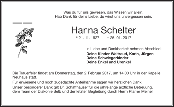 Traueranzeige von Hanna Schelter von Frankenpost