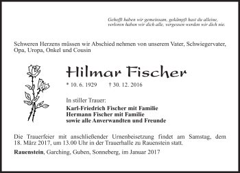 Traueranzeige von Hilmar Fischer von Südthüringer Presse