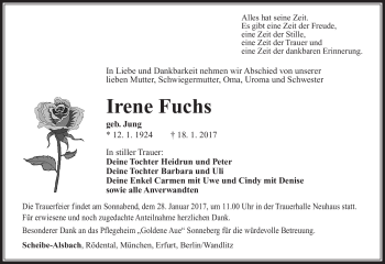 Traueranzeige von Irene Fuchs von Südthüringer Presse