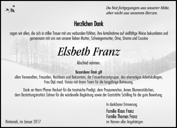 Traueranzeige von Elsbeth Franz von Südthüringer Presse