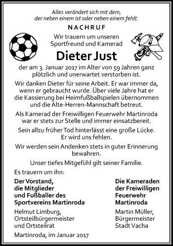 Traueranzeige von Dieter Just von Südthüringer Presse