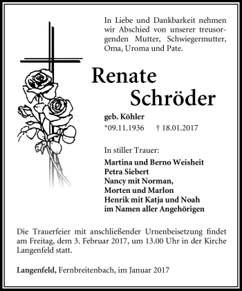 Traueranzeige von Renate Schröder von Südthüringer Presse