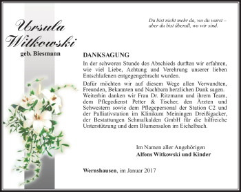 Traueranzeige von Ursula Witkowski von Südthüringer Presse