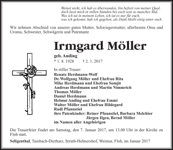 Traueranzeige von Irmgard Möller von Südthüringer Presse