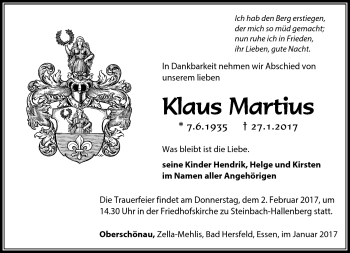 Traueranzeige von Klaus Martius von Südthüringer Presse
