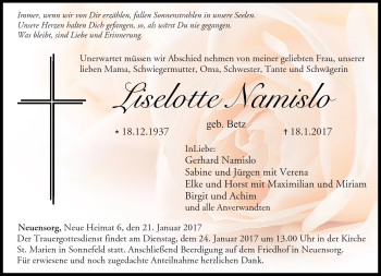 Traueranzeige von Liselotte Namislo von Neue Presse Coburg