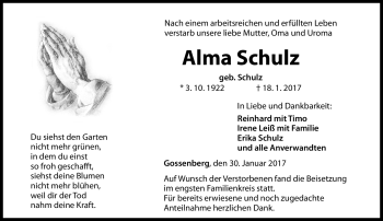 Traueranzeige von Alma Schulz von Neue Presse Coburg