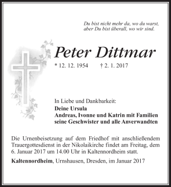 Traueranzeige von Peter Dittmar von Südthüringer Presse