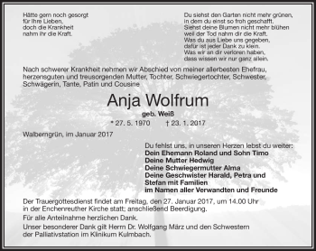 Traueranzeige von Anja Wolfrum von Frankenpost