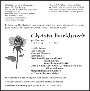 Traueranzeige von Christa Burkhardt von Südthüringer Presse