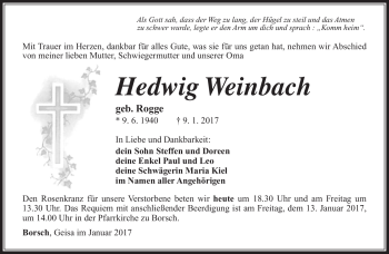 Traueranzeige von Hedwig Weinbach von Südthüringer Presse