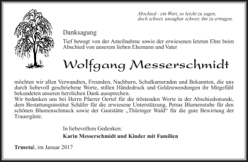 Traueranzeige von Wolfgang Messerschmidt von Südthüringer Presse
