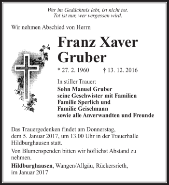 Traueranzeige von Franz Xaver Gruber von Südthüringer Presse