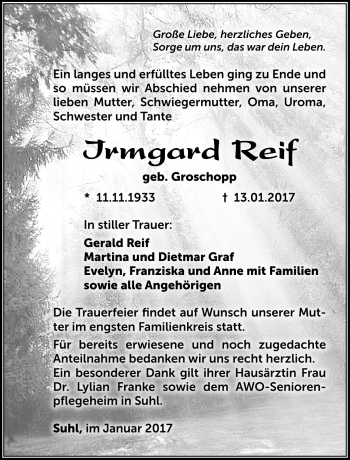 Traueranzeige von Irmgard Reif von Südthüringer Presse
