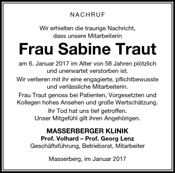 Traueranzeige von Sabine Traut von Südthüringer Presse