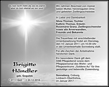 Traueranzeige von Brigitte Händler von Südthüringer Presse