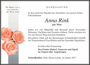 Traueranzeige von Anna Rink von Südthüringer Presse