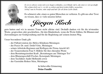 Traueranzeige von Jürgen Koch von Südthüringer Presse