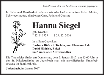Traueranzeige von Hanna Siegel von Südthüringer Presse