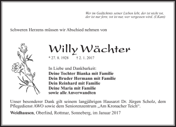 Traueranzeige von Willy Wächter von Südthüringer Presse