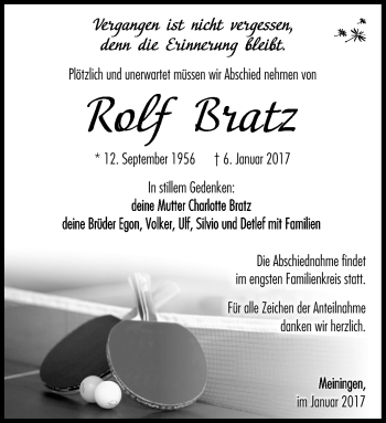 Traueranzeige von Rolf Bratz von Südthüringer Presse