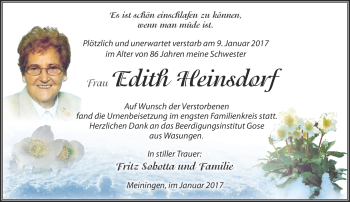 Traueranzeige von Edith Heinsdorf von Südthüringer Presse