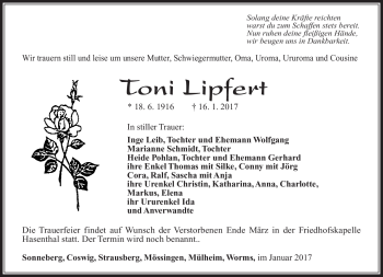 Traueranzeige von Toni Lipfert von Südthüringer Presse