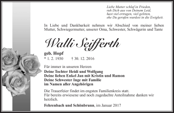 Traueranzeige von Walli Seifferth von Südthüringer Presse