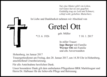 Traueranzeige von Gretel Ott von Frankenpost