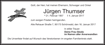 Traueranzeige von Jürgen Thumser von Frankenpost