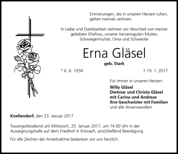 Traueranzeige von Erna Gläsel von Neue Presse Coburg