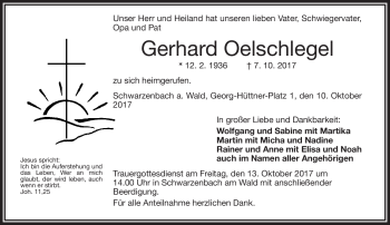 Traueranzeige von Gerhard Oelschlegel von Frankenpost